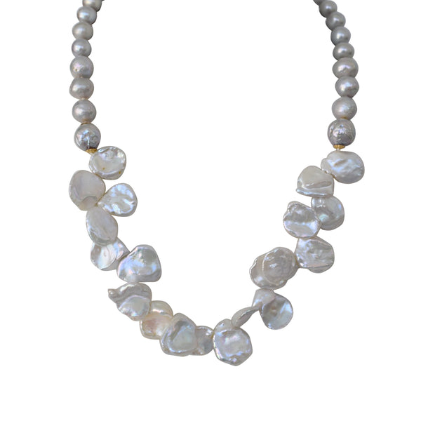 Keshi Pearl Bib Necklace with Grey & Gold - MILK VELVET PEARLS