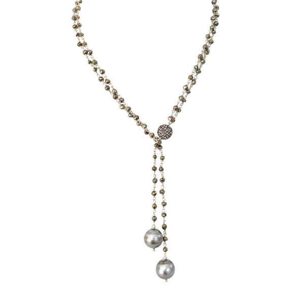 Black Tie Affair: Double Tahitian Pearl Lariat Necklace, Pyrite - MILK VELVET PEARLS