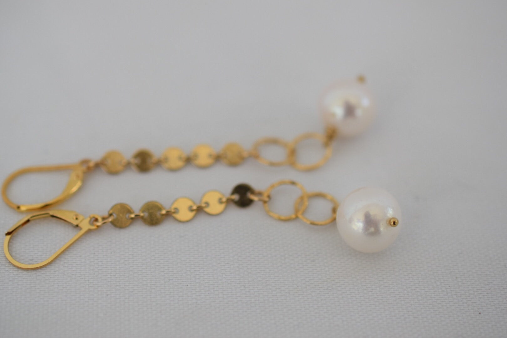 Gold Disc Dangles, 14k GF with 13mm pearls - MILK VELVET PEARLS