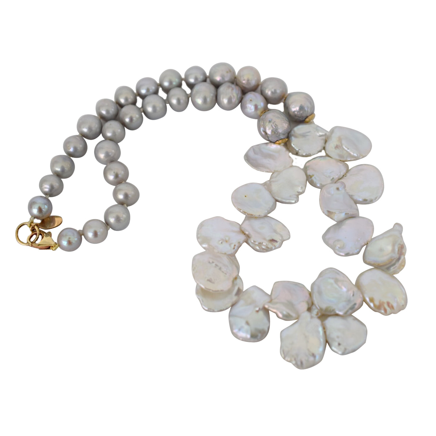 Keshi Pearl Bib Necklace with Grey & Gold - MILK VELVET PEARLS